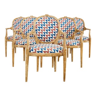 Set of Six Mid-Century Italian Regency Faux Bois Dining Armchairs