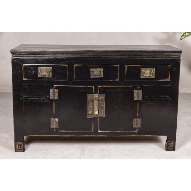 Black Lacquer Sideboard with Rubbed Edges, Brass Hardware, Doors and Drawers For Sale - Image 4 of 12