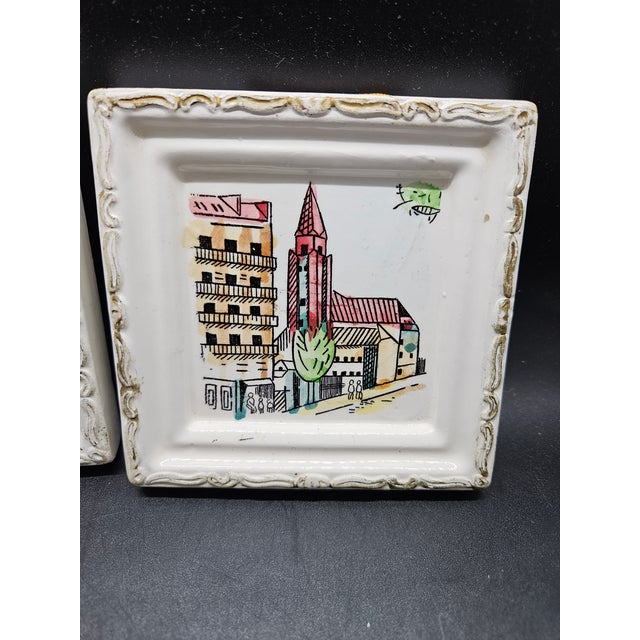 French Set of Two, Vintage Hand-Painted Ceramic or Porcelain Wall-Hanging Tiles For Sale - Image 3 of 4