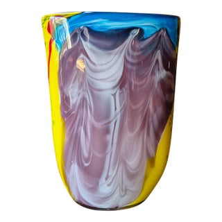 Contemporary Hand-Blown Murano Style Post Modern Art Glass Flattened Pillow Vase – Yellow, Plum & Cobalt Blue (Jg) For Sale