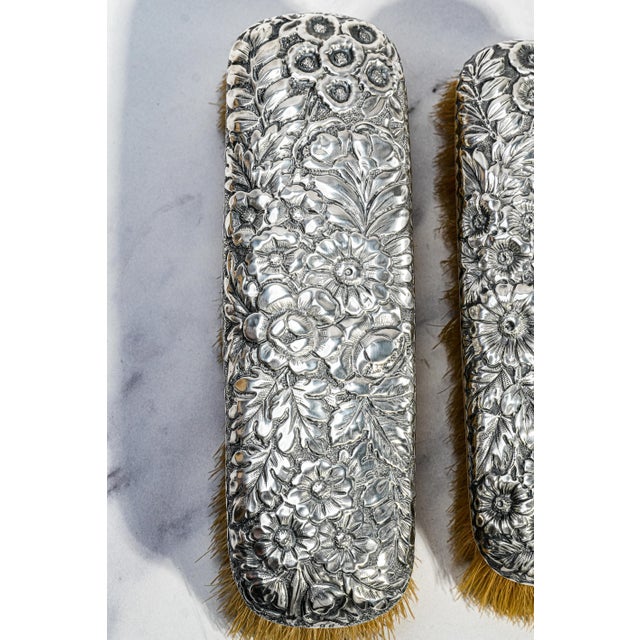 Beautiful Gorham Antique Victorian Floral Repoussé Sterling Silver Vanity Dresser Brushes For Sale - Image 4 of 16
