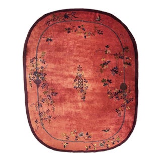 1920s Rose Field Floral Antique Chinese Knotted Wool Art Deco Room Size Oval Rug For Sale