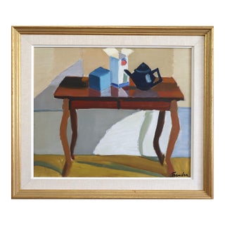 Mid-Century Modern 'The Blue Teapot' Swedish Original Still Life Oil Painting, Framed For Sale