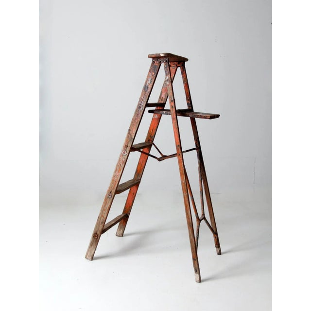 Orange Vintage Rustic Painted Wooden Ladder For Sale - Image 8 of 12