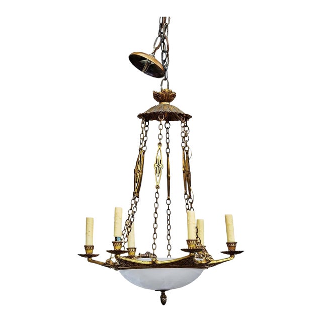 19th Century Neoclassical Nine-Light Alabaster & Gilt Bronze Chandelier For Sale