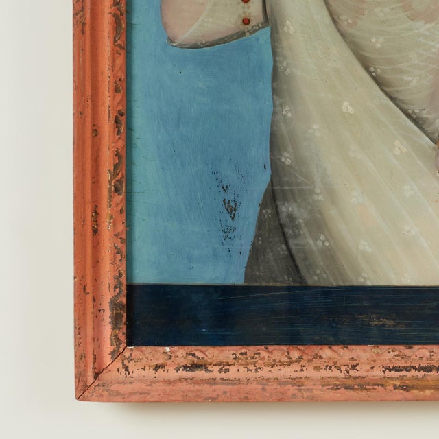 Glass Antique Indian Reverse Painted Portrait of Woman on Glass For Sale - Image 7 of 12
