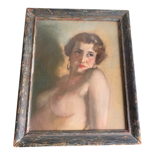 Antique Pastel Artwork Painting Framed Under Glass Nude by Hungarian Listed Artist, Fried Pal For Sale