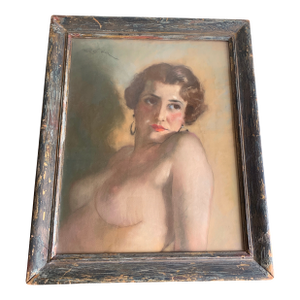 Antique Pastel Artwork Painting Framed Under Glass Nude by Hungarian Listed Artist, Fried Pal