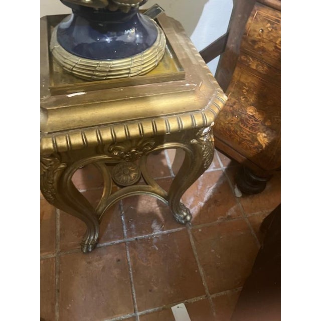 Ceramic Antique Ceramic Blue Vase on Stand With Brass Motifs For Sale - Image 7 of 7