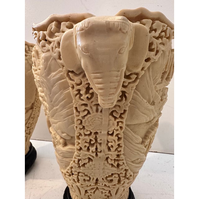 Pair of Carved Composite Elephant Vases on Black Bases For Sale - Image 4 of 10
