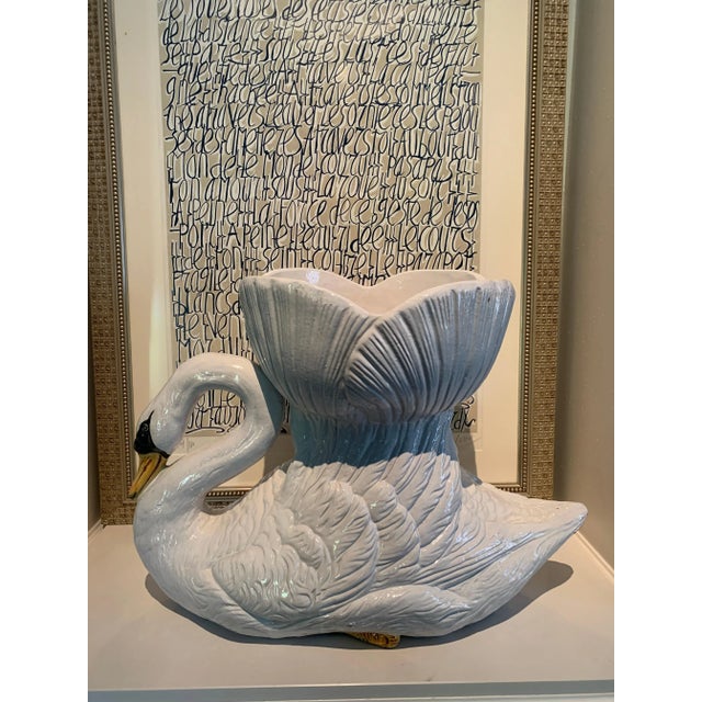 Mid 20th Century Hand Painted Glazed Italian Terra Cotta Swan Planter Jardiniere For Sale - Image 5 of 13