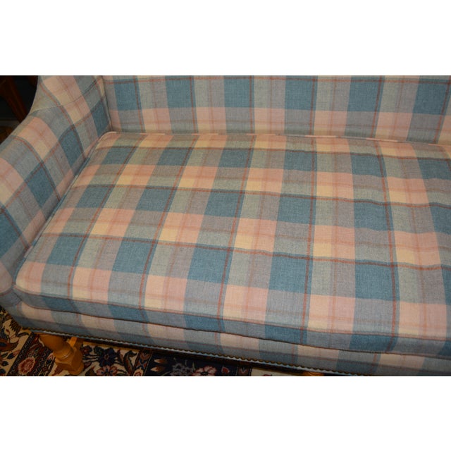 Vintage North Hickory Furniture Blue/Tan Plaid Wingback Settee W/ Nail Head Trim For Sale - Image 11 of 18