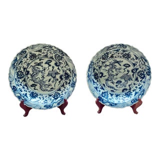 Pair of Oversized Chinese Blue & White Porcelain Charger Plates With Dragon & Phoenix Motif – 17.4” For Sale