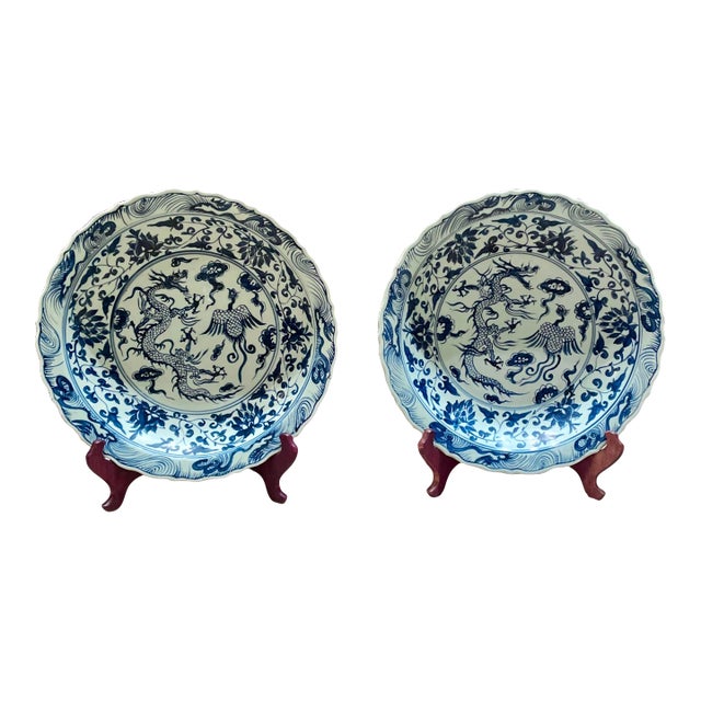 Pair of Oversized Chinese Blue & White Porcelain Charger Plates With Dragon & Phoenix Motif – 17.4” For Sale