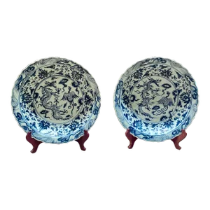 Pair of Oversized Chinese Blue & White Porcelain Charger Plates With Dragon & Phoenix Motif – 17.4”