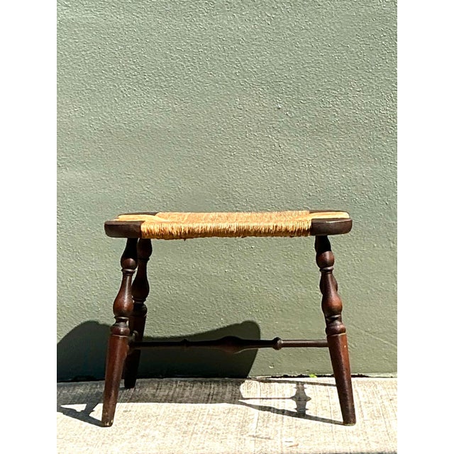 Mid-Century Modern Vintage Rush Seat Turned Wood Low Stool For Sale - Image 3 of 12