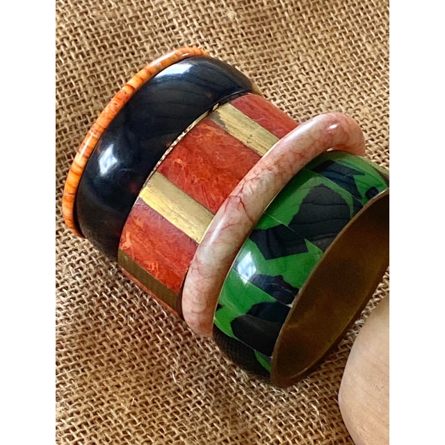 Vintage Coral + Brass Bangle Bracelet Collection, Set of 5 For Sale - Image 6 of 11