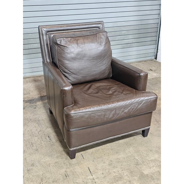 Early 21st Century Hancock & Moore Brown Leather Large Comfortable Club Chair Nail Head Trim For Sale - Image 5 of 11