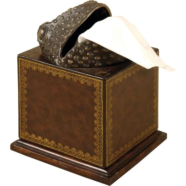 Deep Chocolate Leather Inlay and Cast Brass Verdigris Frog Tissue Holder Note: This listing is for the tissue holder only,...