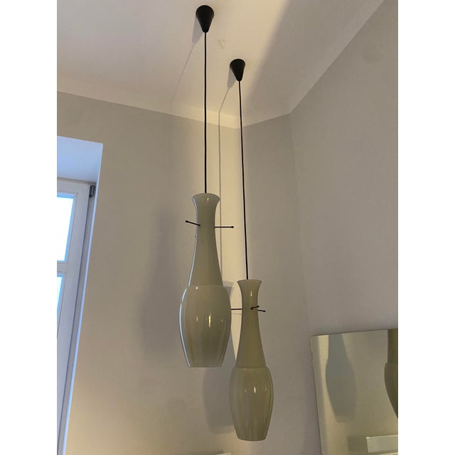 Elegant pair of ceiling lights, Vistosi production, Murano, Italy circa 1960, grey/green hand-blown Murano glass, brass...