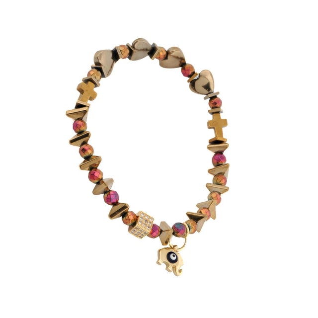 Multicolor Hematite Stone Protective Evil Eye Lucky Elephant Bracelet Set For Sale - Image 10 of 11