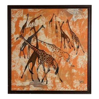 Framed African Batik Textile Art Giraffe Herd Silhouette by Robin Anderson For Sale