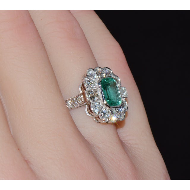 Early 21st Century Gia Certified 2.53ct Natural Zambian Emerald & Diamond Halo Milgrain 18k White Gold Ring, Size 5 For Sale - Image 5 of 16
