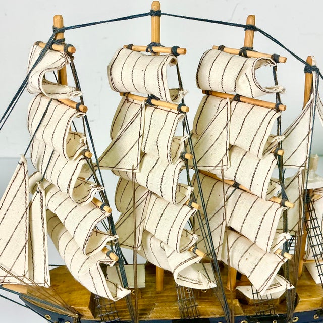Mid-Century Nautical Coastal Boho Chic Wood Four Tall Mast Ship Model For Sale - Image 13 of 16