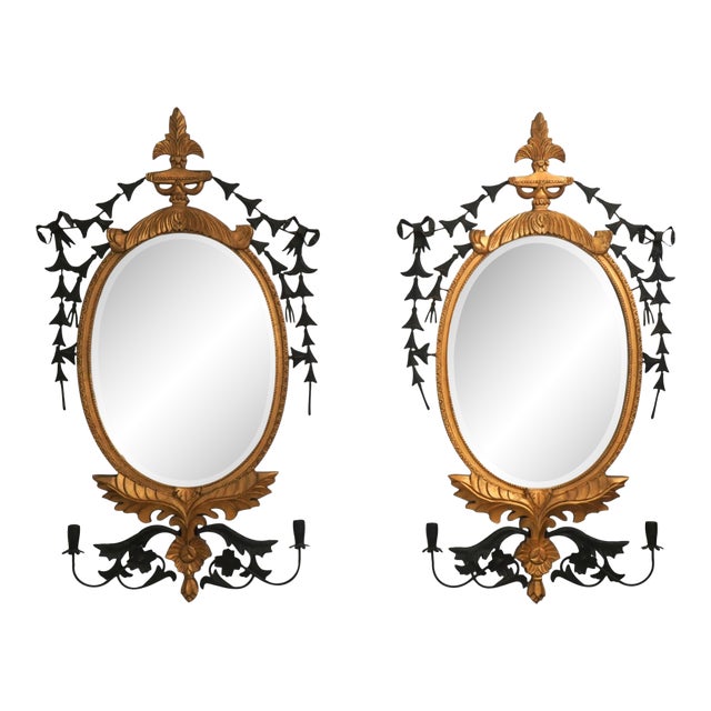 Pair of Baroque-Style Toleware Metal and Giltwood Mirrors With Sconces For Sale