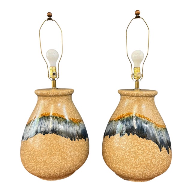 1970s Sunset Cosco Drip Glaze Ceramic Table Lamps in Earth Tones - a Pair For Sale