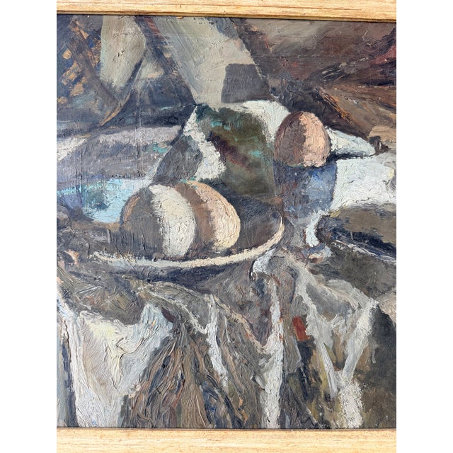 Painting "Two Eggs and One Soft-Boiled Egg," oil on cardboard, signed Leon Nancey (1893-1972), France This oil painting on...