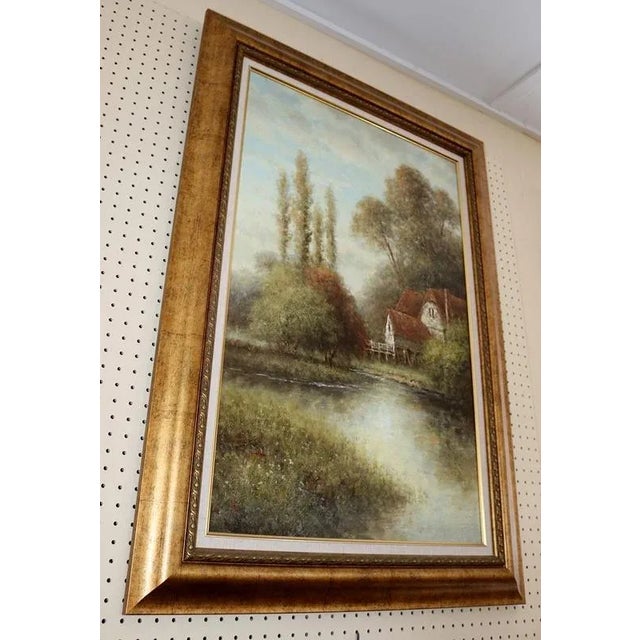 Vintage House on the Lake Landscape Oil Painting Unsigned For Sale - Image 4 of 6