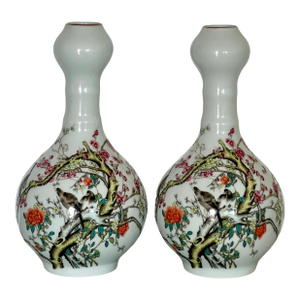 Famille Rose Chinese Fine White Porcelain Garlic Head Vases With Birds & Cherry Blossoms, a Pair