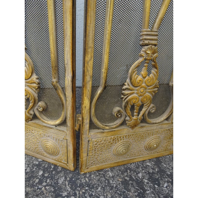 Metal Vintage French Country Yellow Ornate Three Panel Fireplace Screen For Sale - Image 7 of 18