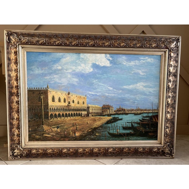 1960s Large Framed Venice Gondola Original Oil Painting on Canvas For Sale - Image 10 of 13