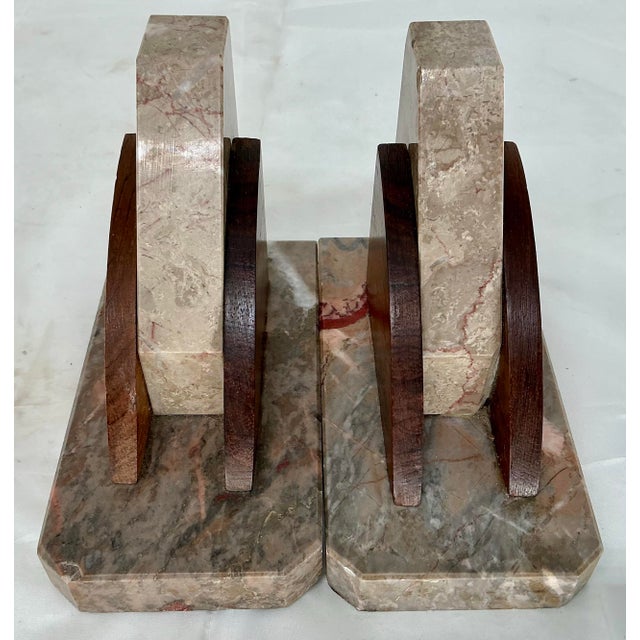 Early 20th Century Pair of Antique Art Deco French Marble and Rosewood Bookends For Sale - Image 5 of 10