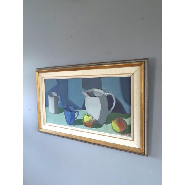 1960s Mid-Century Modern 'Still Life With Blue Cup' Vintage Swedish Original Still Life Oil Painting, Framed For Sale - Image 5 of 10
