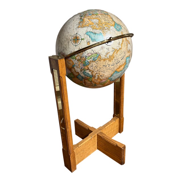 1960s Mid Century Modern 16 Inch Replogle “World Classic” Full-Swing Meridian Gimbel-Mounted Floor Globe on Architectural Solid Oak Cross-Base Stand For Sale