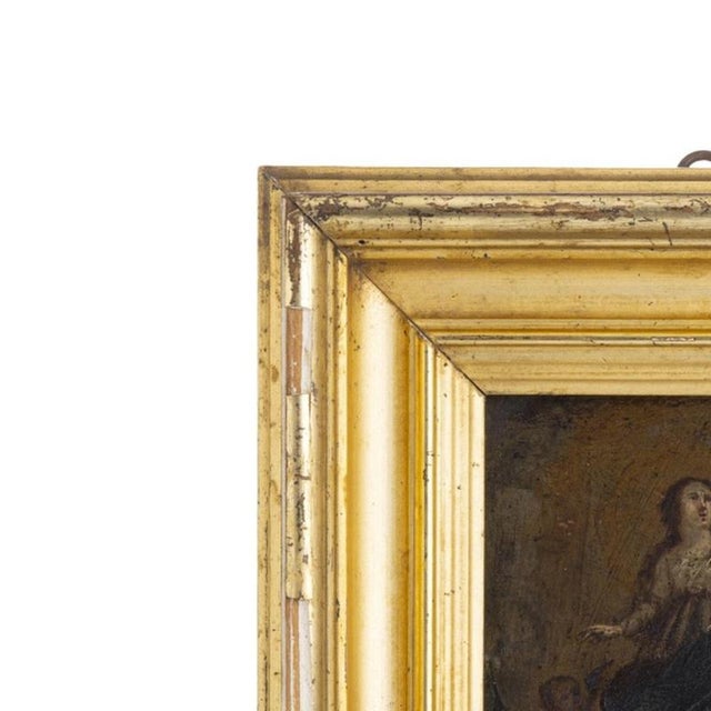Religious painting - Our Lady - 18th century. Oil on copper, 18th century. Carved and gilded wooden frame. Dimensions: 17...