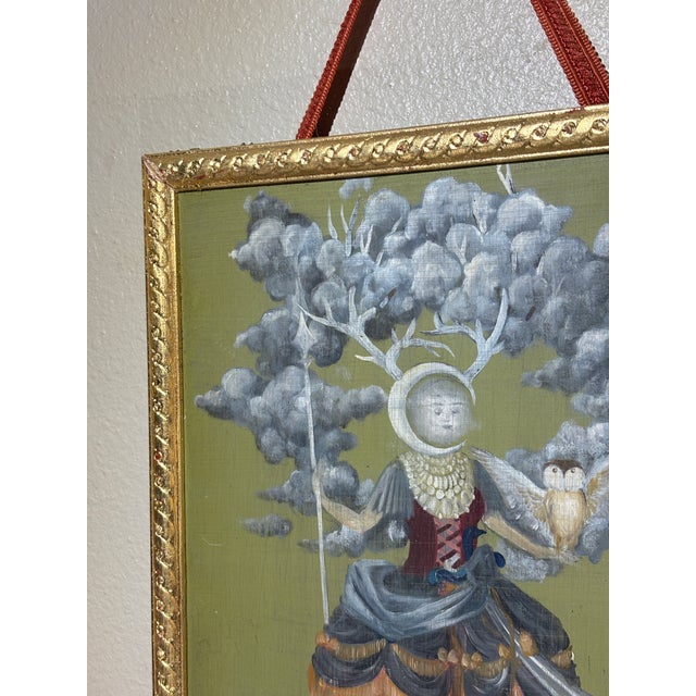 Gustavian Style Allegorical Oil in Wood Painting of “The Lady Moon” With Gilt Border For Sale - Image 10 of 11