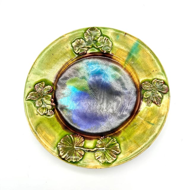 Contemporary Early 21st Century Studio Pottery Sage Leaves Majolica Decorative Plate Green & Blue For Sale - Image 3 of 4