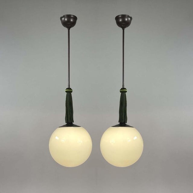 1930s Opaline Glass and Burnished Brass Ball Pendants with Tassels, Germany, 1930s, Set of 2 For Sale - Image 5 of 17