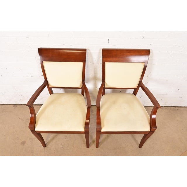 Late 20th Century Baker Furniture Modern Regency Cherry Wood Upholstered Armchairs, Pair For Sale - Image 5 of 12