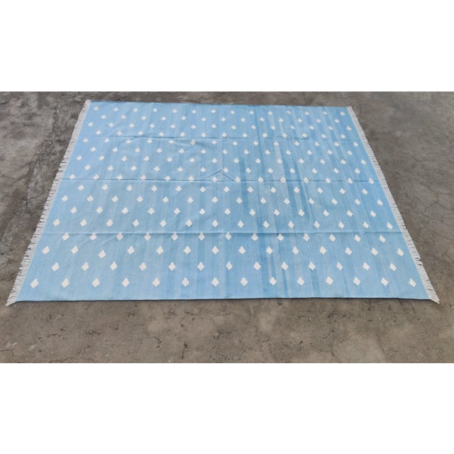 Handmade Cotton Pattern Leaf Pattern Rug, Sky Blue and White - 9'x12' For Sale - Image 9 of 11