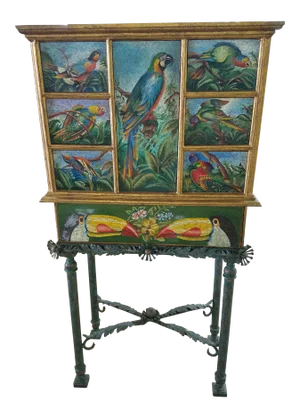 Vintage Tropical Hand Painted Cabinet on Stand Adorned With Parrots