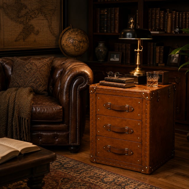 Tan Luxury Handmade Leather Bedside Tables, Pair of Vintage Trunk Nightstands, Tan Leather 3 Drawer Bedside Cabinets With Brass Studs For Sale - Image 8 of 12