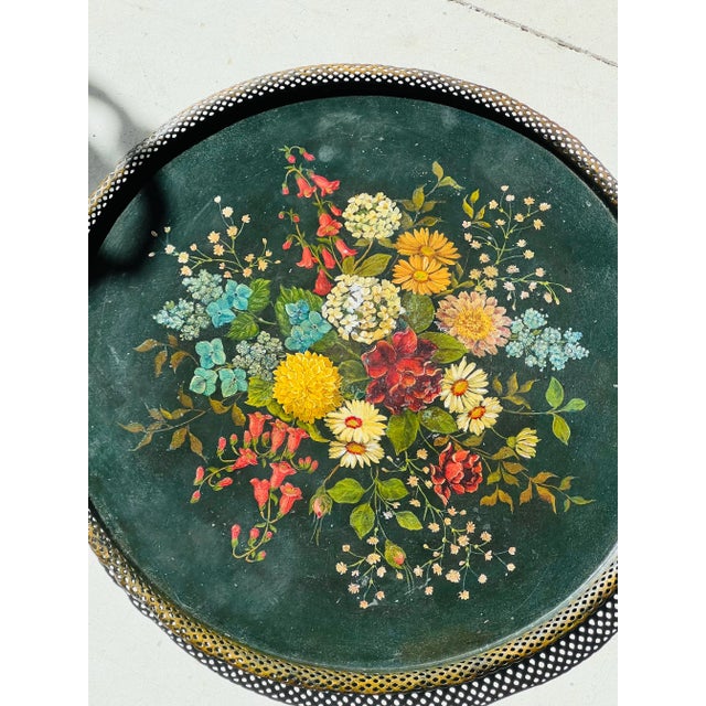 19'th C. Hand Painted Flower Tole Tray Table For Sale - Image 4 of 12