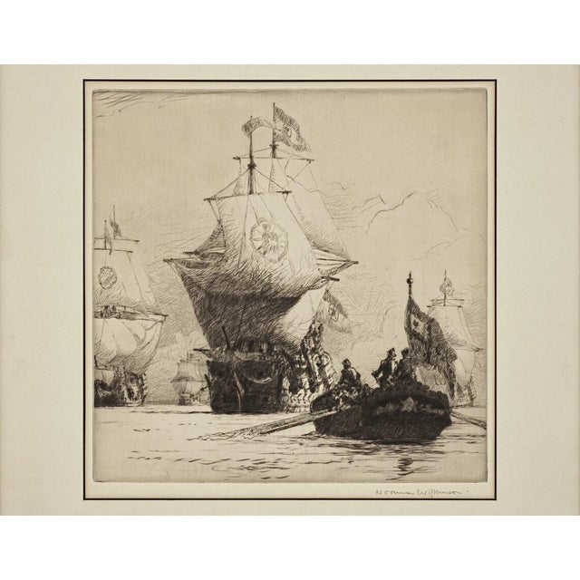 English maritime framed etching "The Return of the State Fleet" signed Norman Wilkinson circa 1924, England. Norman...