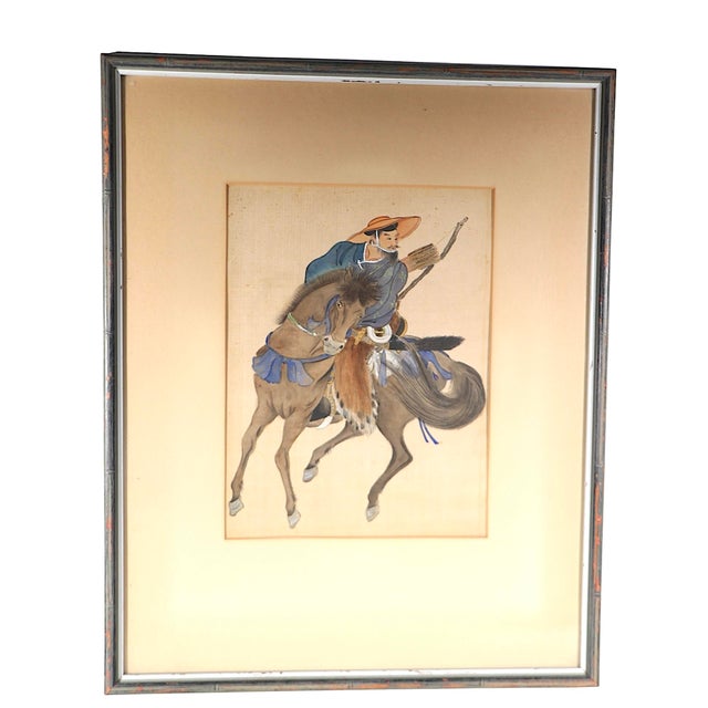 Vintage framed watercolor of a Japanese warrior of a horseback, framed, under glass. This example is in good, original,...