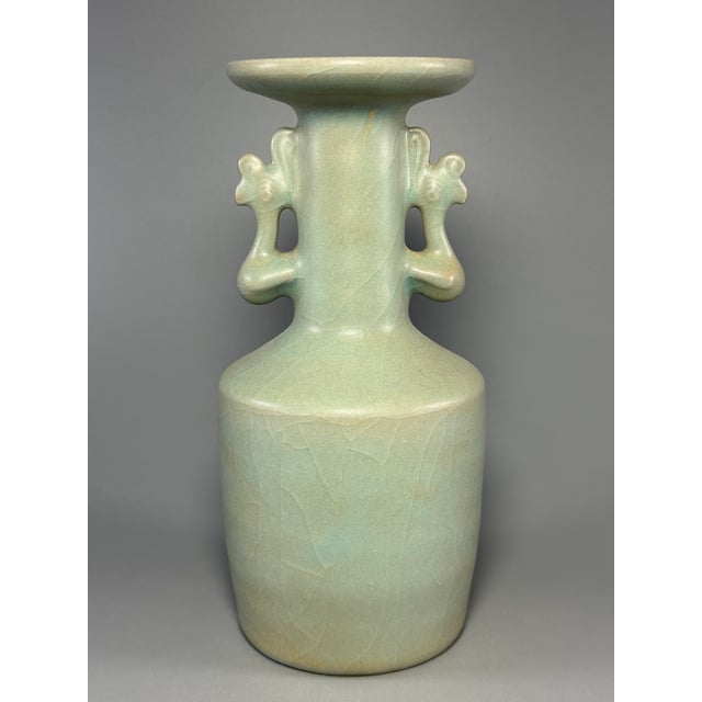 Antique Chinese Longquan Celadon Vase, Phoenix‑Shaped Double Handles For Sale - Image 6 of 8